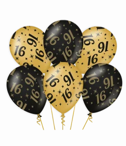 Ballonnen 16 Jaar Goud Zwart 30cm 6st