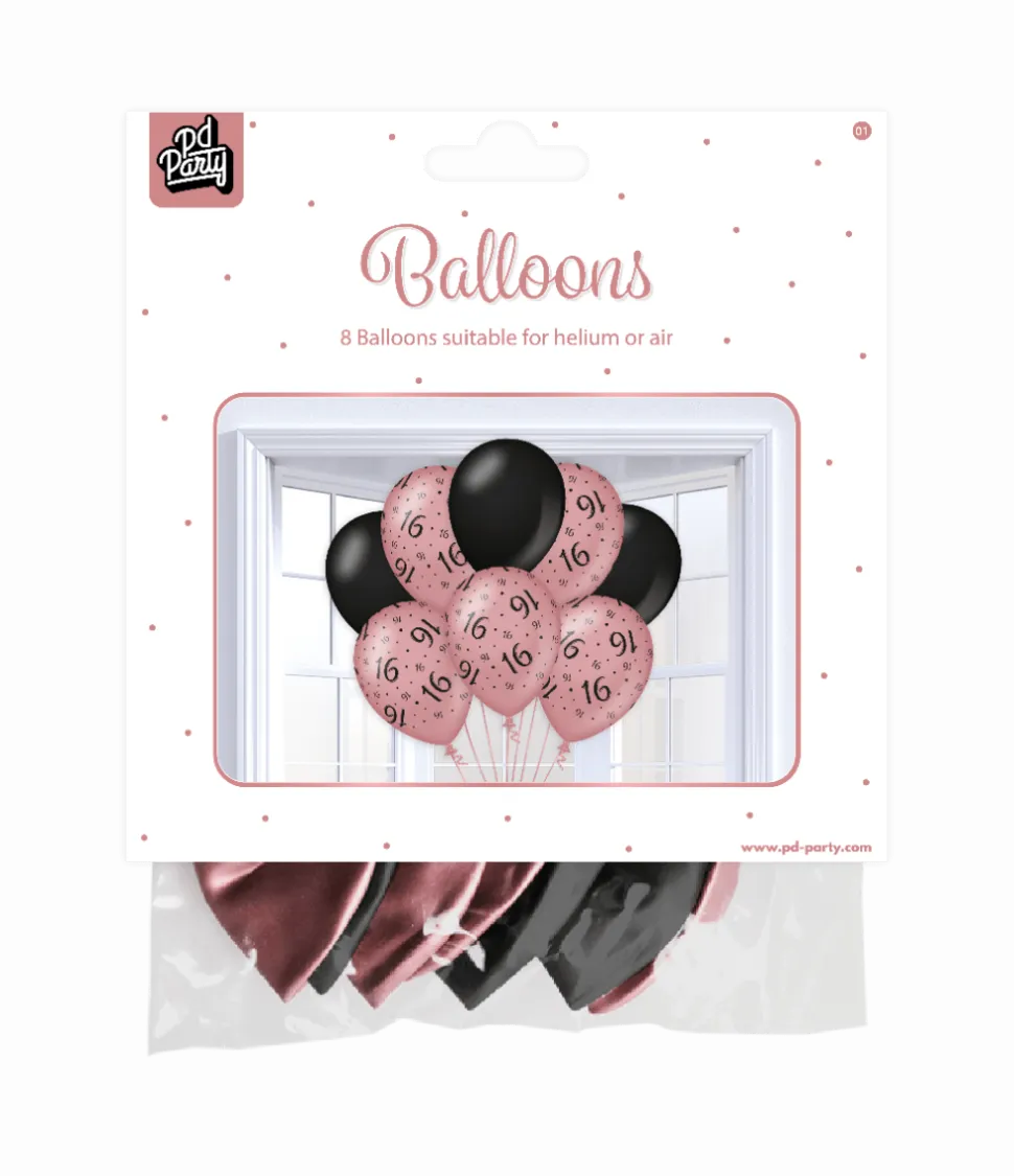 Ballonnen 16 Jaar Rose Zwart 30cm 8st