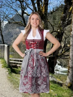 Bordeaux Rode Dirndl Jurk Oktoberfest Dames Kant 2 delig