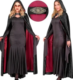 Cape met Kap Zwart Rood Fluweel Met rode Binnenvoering 140cm