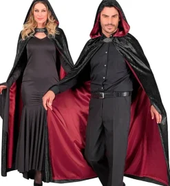 Cape met Kap Zwart Rood Fluweel Met rode Binnenvoering 140cm