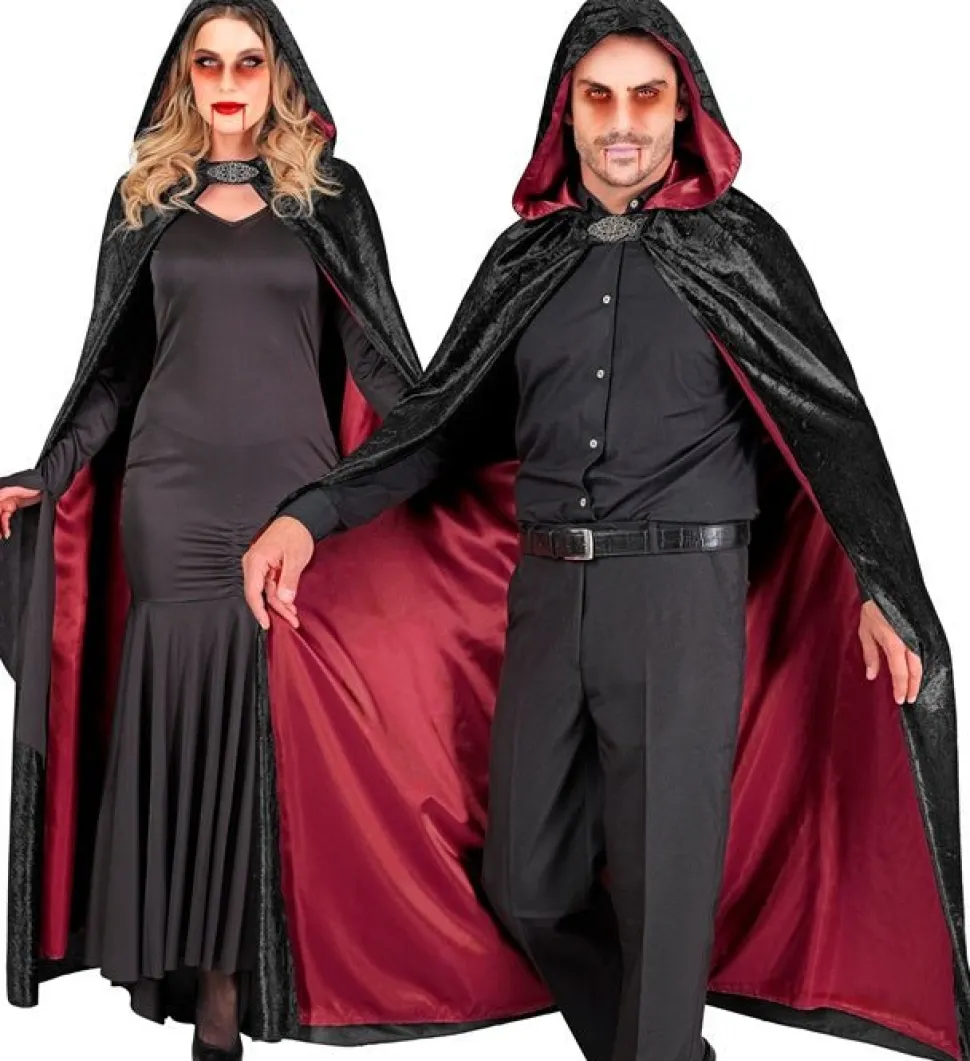 Cape met Kap Zwart Rood Fluweel Met rode Binnenvoering 140cm
