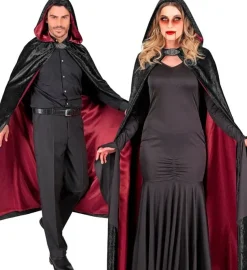 Cape met Kap Zwart Rood Fluweel Met rode Binnenvoering 140cm