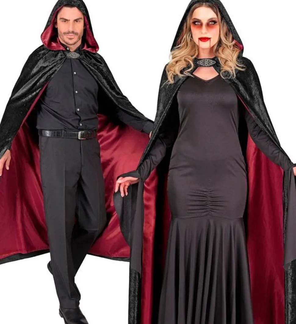 Cape met Kap Zwart Rood Fluweel Met rode Binnenvoering 140cm