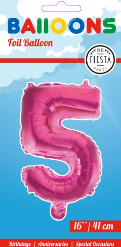 Folie Ballon Cijfer 5 Roze 41cm met Rietje