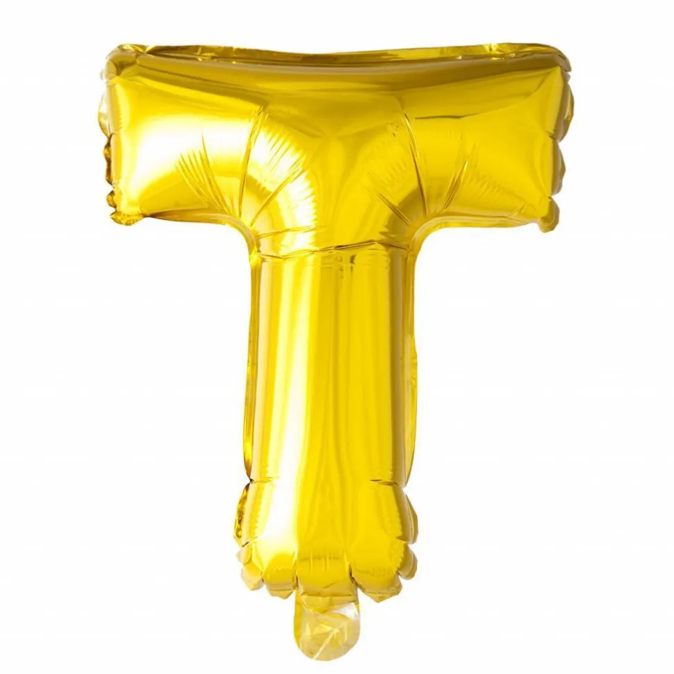 Folie Ballon Letter T Goud 41cm met Rietje