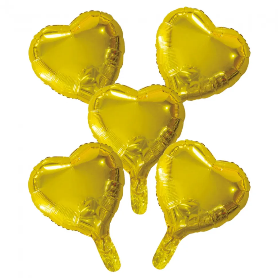 5 Folieballonnen hart met papieren rietje 9" goud