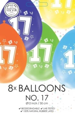 Gekleurde Ballonnen 17 Jaar 30cm 8st