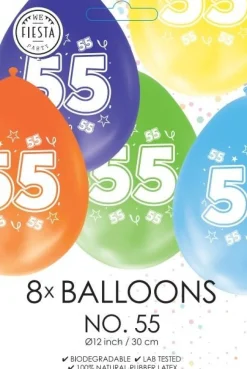 Gekleurde Ballonnen 55 Jaar 30cm 8st