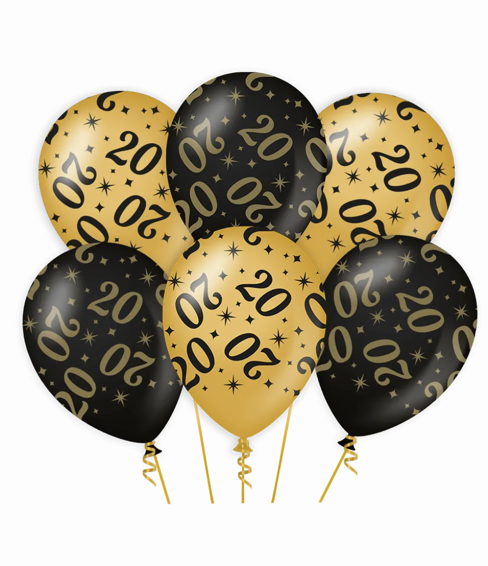 Goud Zwarte Ballonnen 20 Jaar 30cm 6st