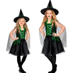 Halloween Jurk Zwart Groen Meisje Heks 2 delig