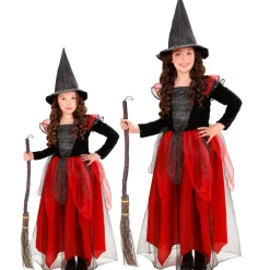 Halloween Kostuum Zwart Rood Kind Heks 2 delig