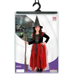Halloween Kostuum Zwart Rood Kind Heks 2 delig