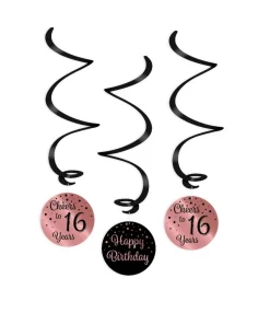 Hangdecoratie 16 Jaar Happy Birthday Zwart Roze 17cm 3st