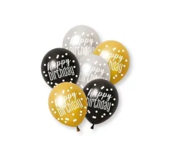 Happy Birthday Ballonnen Set Zwart Goud 30cm 6st