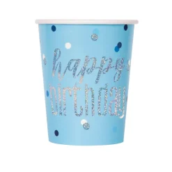 Happy Birthday Bekers Blauw Glitter 266ml 8st
