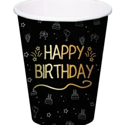Happy Birthday Bekers Zwart Papier 250ml 8st