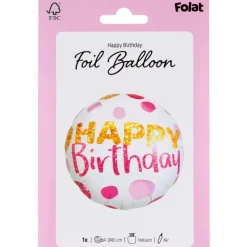 Happy Birthday Folie Ballon Wit Roze Met Stippen Leeg 45cm
