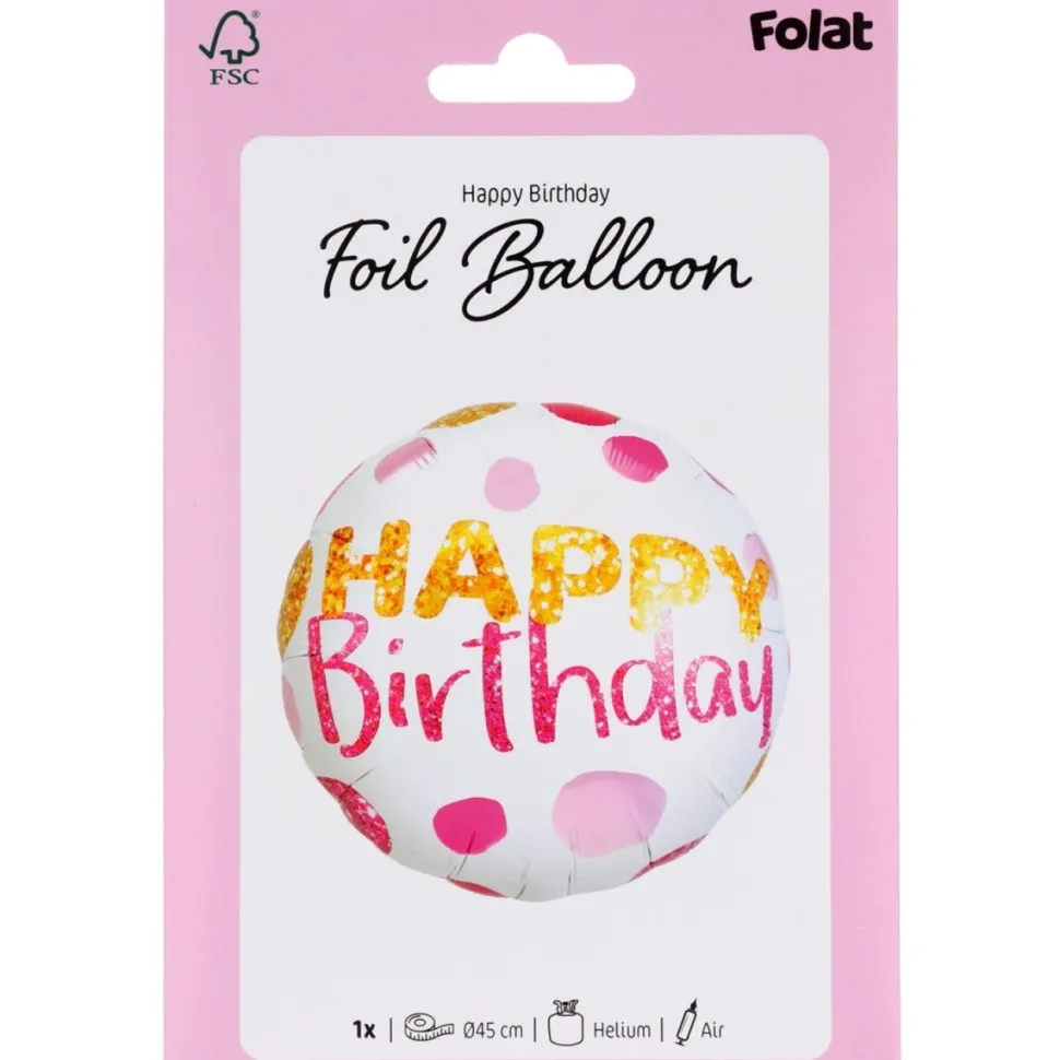 Happy Birthday Folie Ballon Wit Roze Met Stippen Leeg 45cm