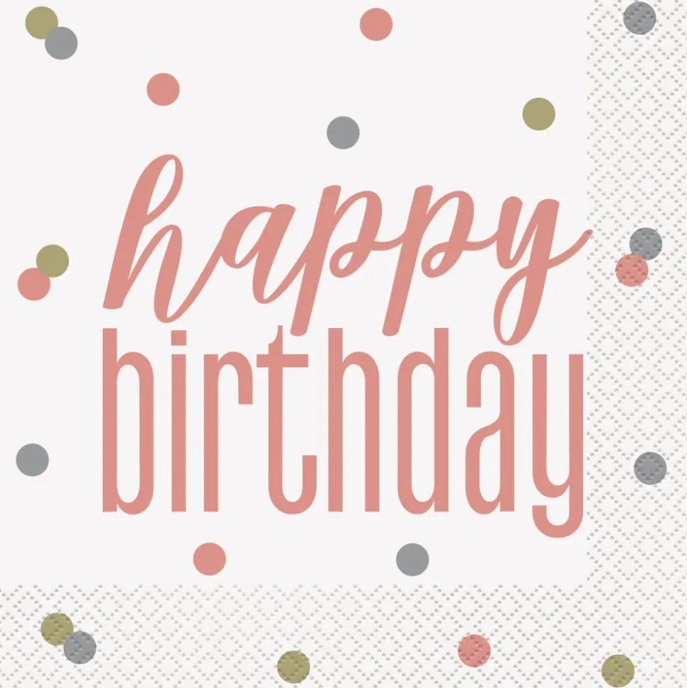 Happy Birthday Servetten Rose Goud 33cm 16st
