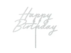 Happy Birthday Taarttopper Zilver Glitter 18cm