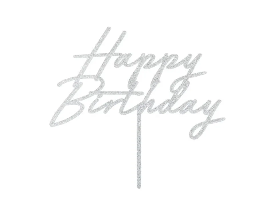 Happy Birthday Taarttopper Zilver Glitter 18cm