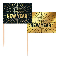 Happy New Year Cocktailprikkers Goud Zwart 50st