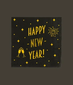 Happy New Year Servetten Zwart Goud 19cm 16st