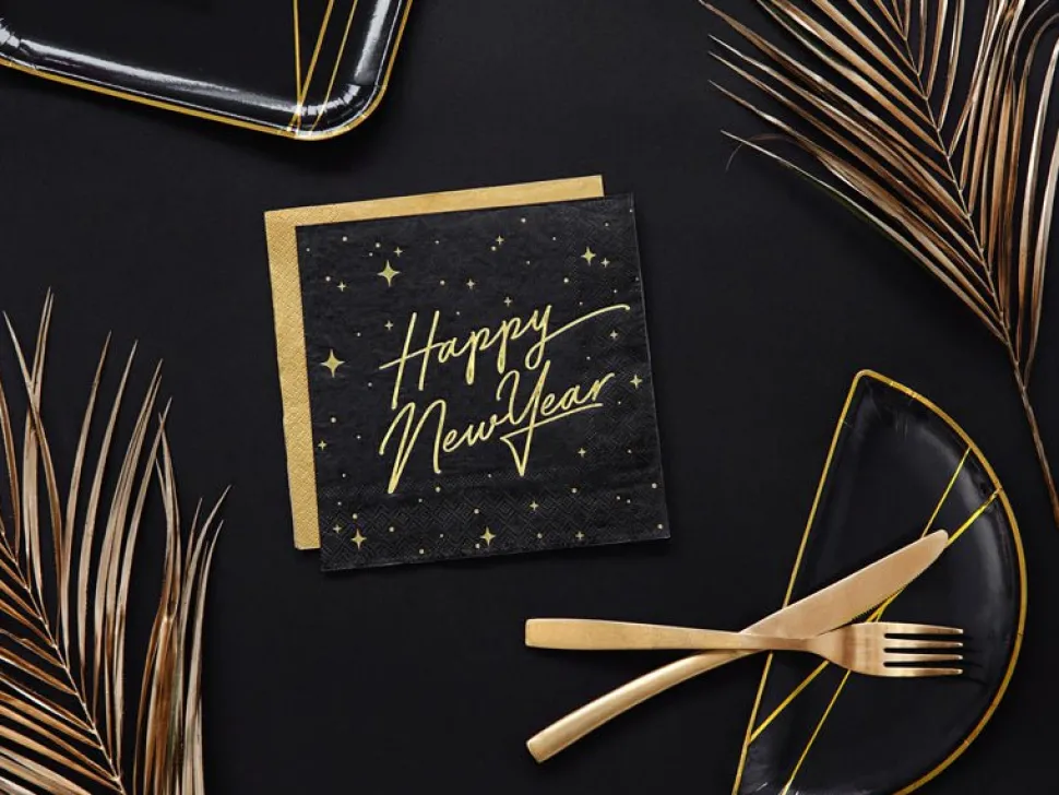 Happy New Year Servetten Zwart 33cm 20st