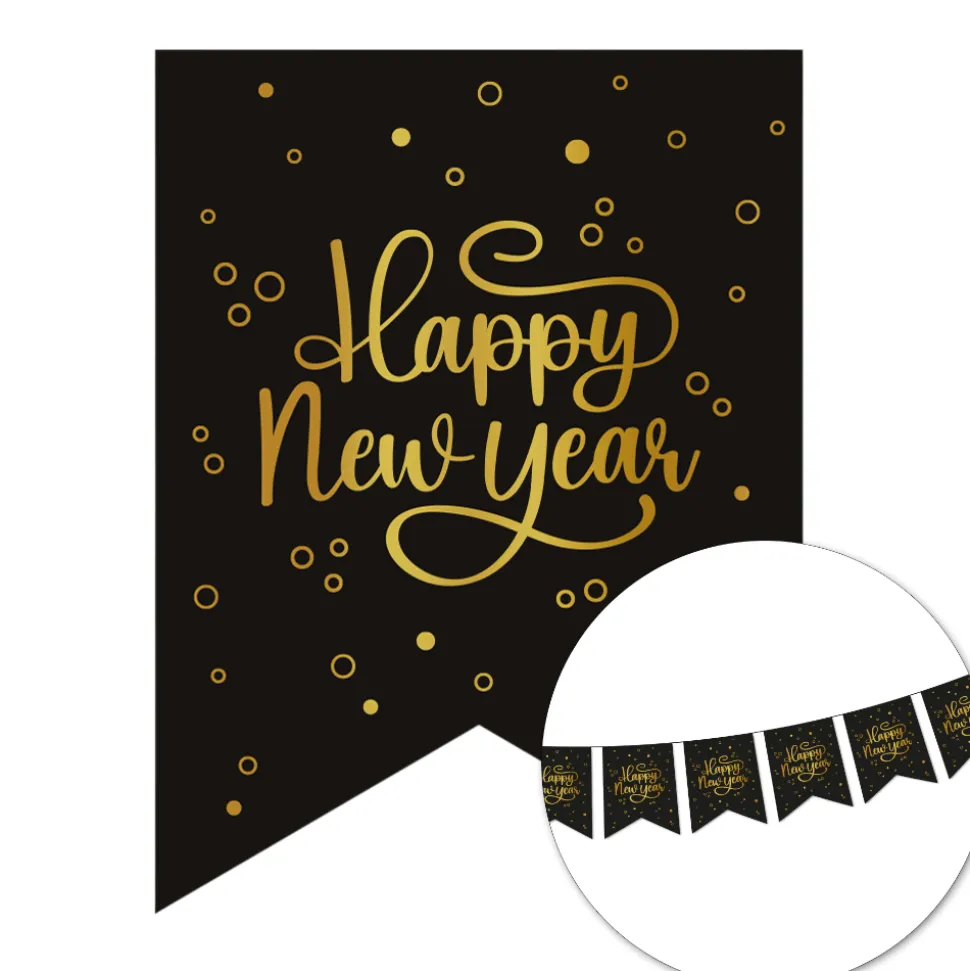 Happy New Year Slinger Zwart Goud Banner 6m
