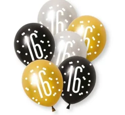 16 Jaar Ballonnen Set Zwart Goud 30cm 6st