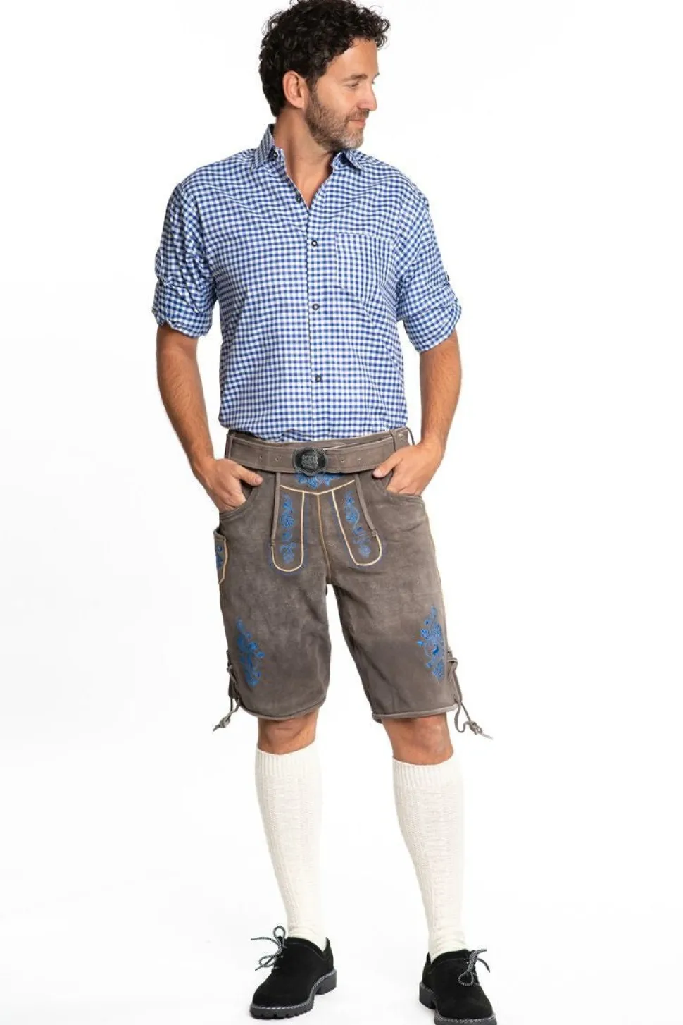 Lederhose Leer Kort Schaduw Blauw en Riem