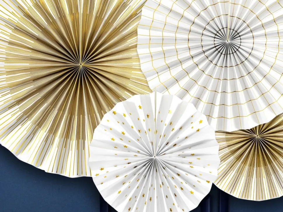 Papieren Waaiers Goud Wit Set 23-40cm 4 delig