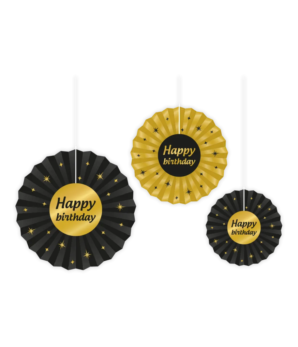 Papieren Waaiers Happy Birthday Set 20-40cm 3-delig