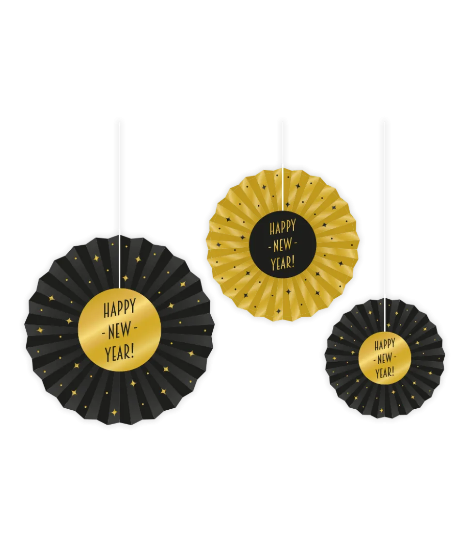 Papieren Waaiers Happy New Year Set 20-40cm 3-delig