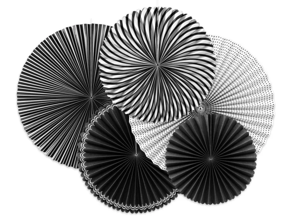 Papieren Waaiers Zwart Wit Set 25-40cm 5 delig