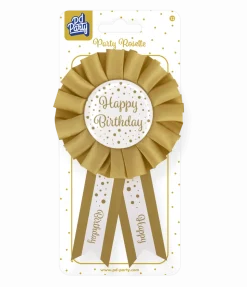 Rozet Happy Birthday Goud Wit 14cm