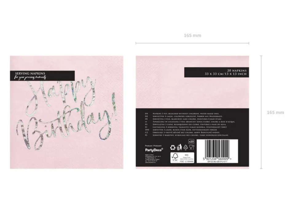 Servetten Happy Birthday Lichtroze 33cm 20st