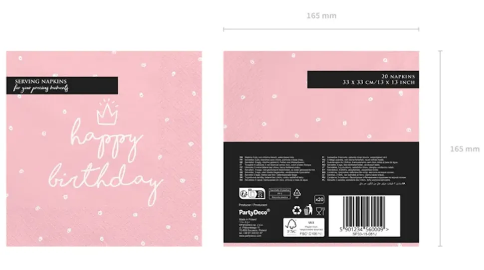 Servetten Happy Birthday Roze 33cm 20st