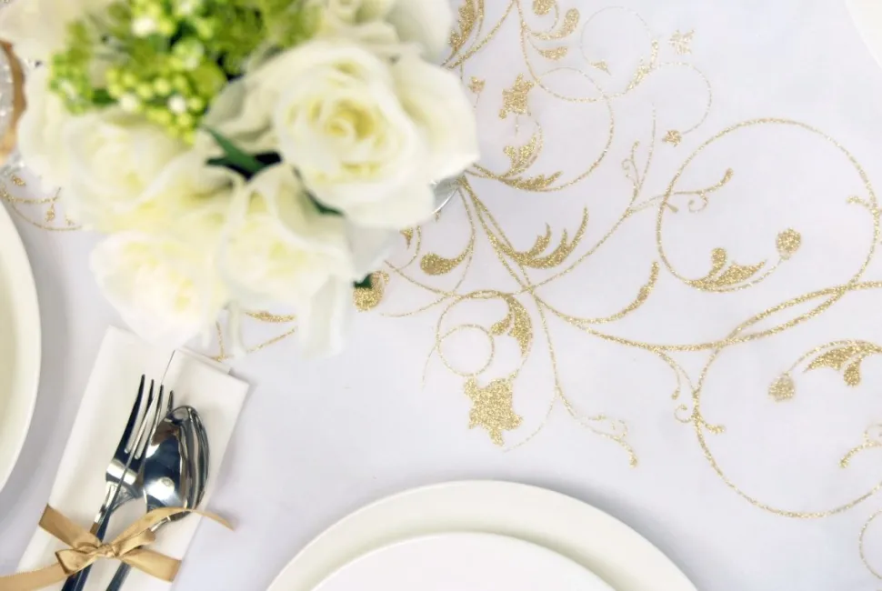 Vanille Creme Organza Stof Gouden Bloemen 36cm 9m