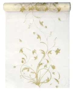 Vanille Creme Organza Stof Gouden Bloemen 36cm 9m