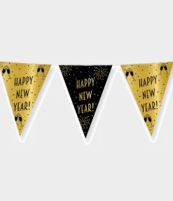 Vlaggenlijn Happy New Year Goud Zwart 10m