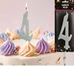 Zilveren Kaars 4 Jaar Glitter 12,5cm