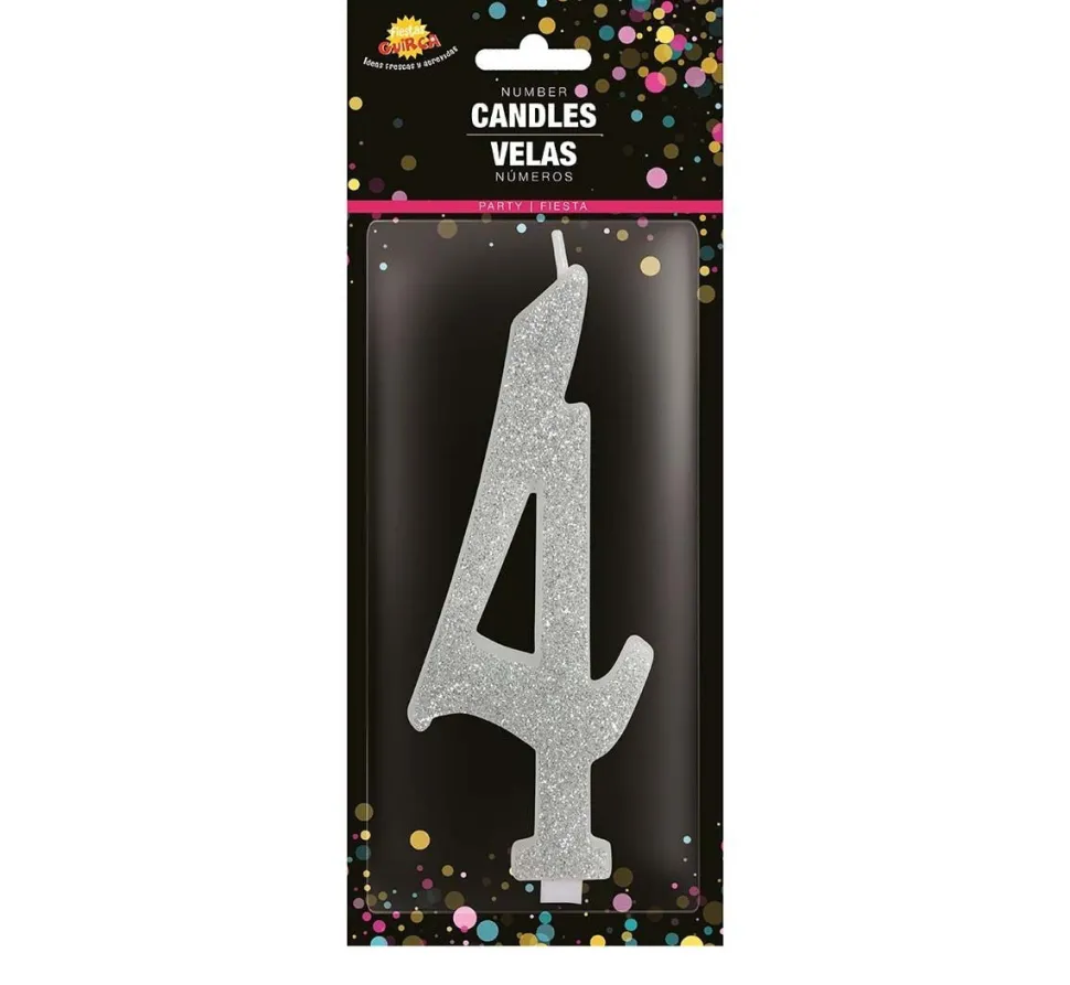 Zilveren Kaars 4 Jaar Glitter 12,5cm