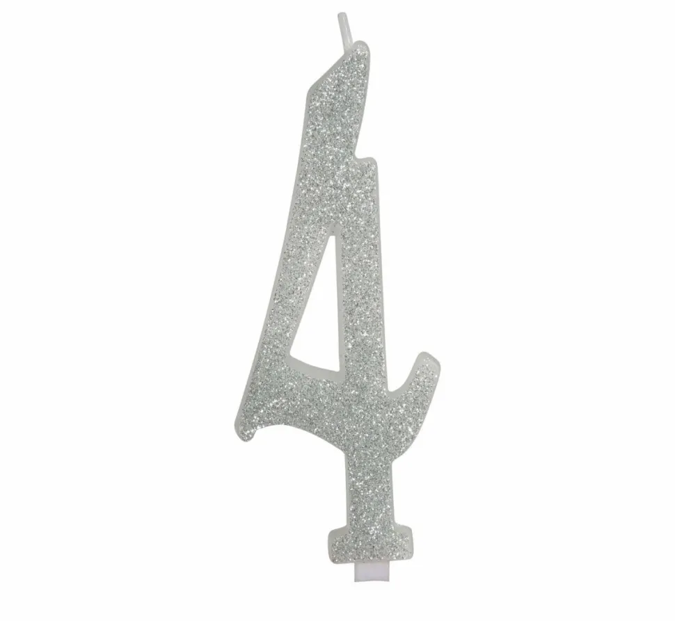 Zilveren Kaars 4 Jaar Glitter 12,5cm
