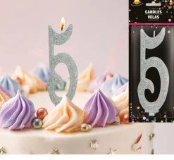 Zilveren Kaars 5 Jaar Glitter 12,5cm