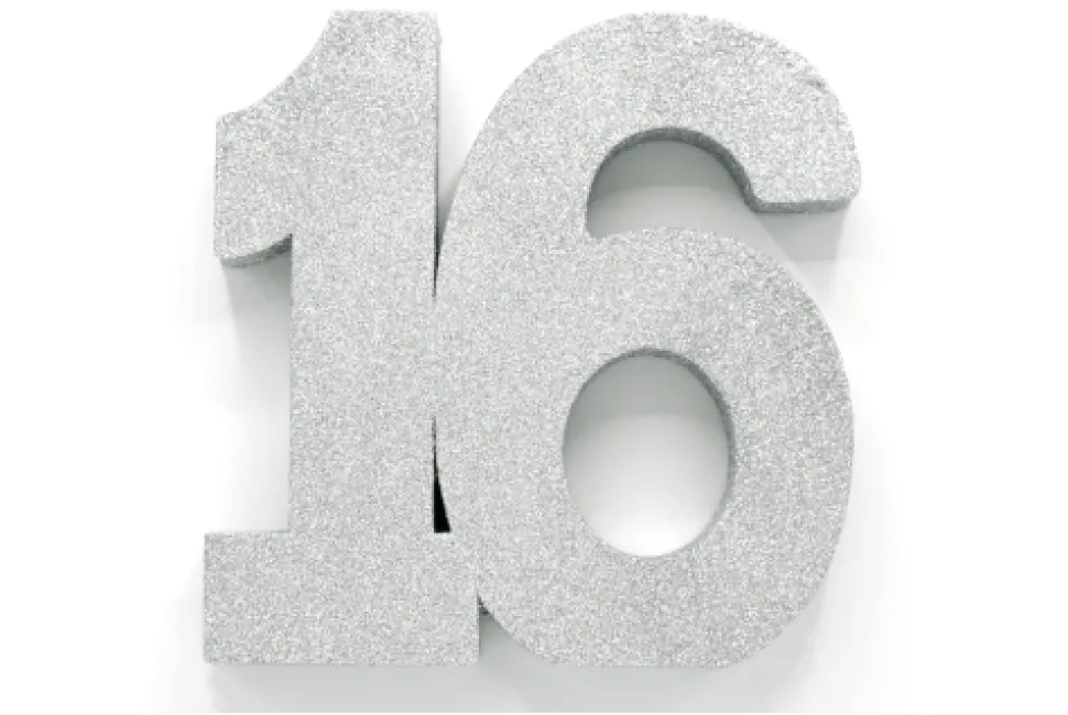 Zilver Tafeldecoratie Cijfer 16 Glitter 20,5cm