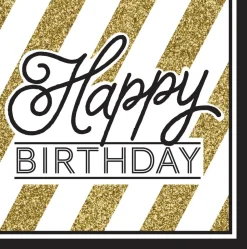 Zwart Gouden Happy Birthday Servetten 33cm 16st